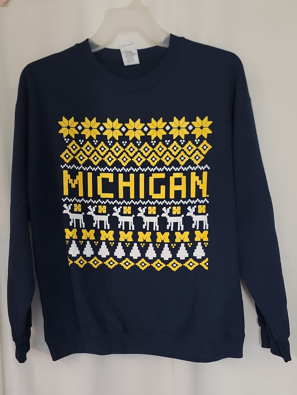 Gildan Navy Crewneck Sweater with Yellow and White Michigan Knit Design